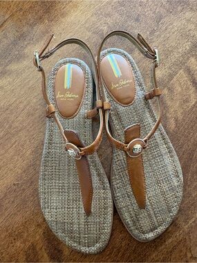 Sam Edelman Brown Leather T-Strap Woven Sandals